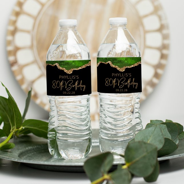 Étiquette Pour Bouteilles D'eau Fête du 80e anniversaire Vert Agate dorée (Créateur téléchargé)
