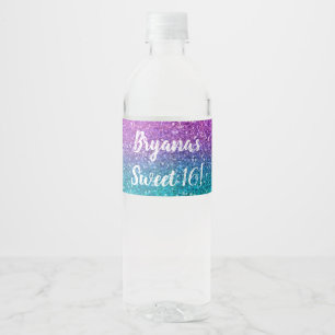 Étiquette Pour Bouteilles D'eau Fête Pailletée Rose Turquoise Aqua Bleu et Violet