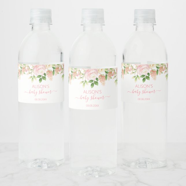 Étiquette Pour Bouteilles D'eau Fête Prénatale Fille Élégante Rose Fleurie (Bouteilles)