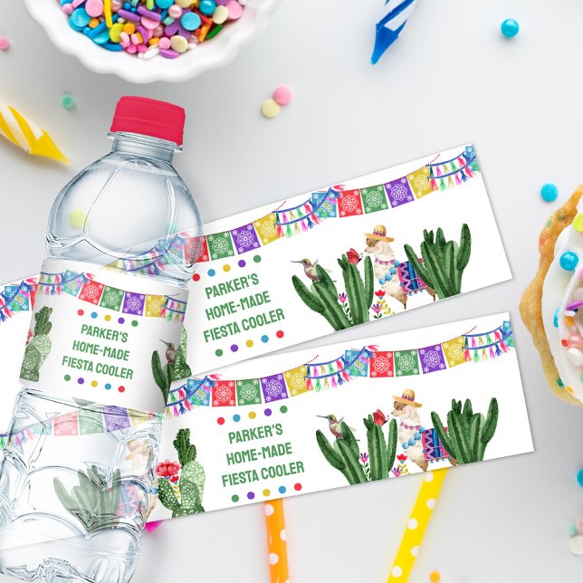 Étiquette Pour Bouteilles D'eau Fiesta Party avec Papel Picado Bunting et Cactus (Water Bottle labels with fully editable text and fiesta birthday party theme)