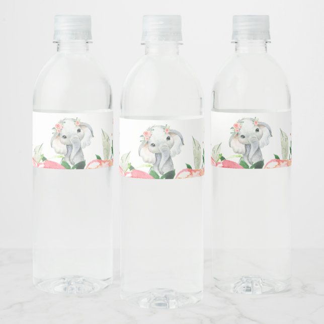 Étiquette Pour Bouteilles D'eau Fille Aquarelle Floral Elephant Baby shower (Bouteilles)