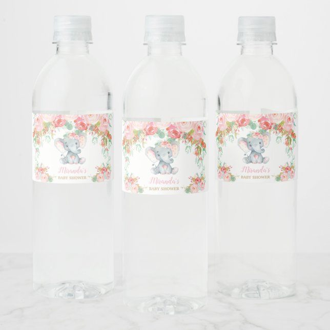 Étiquette Pour Bouteilles D'eau Fille Baby shower rose Floral Eléphant (Bouteilles)