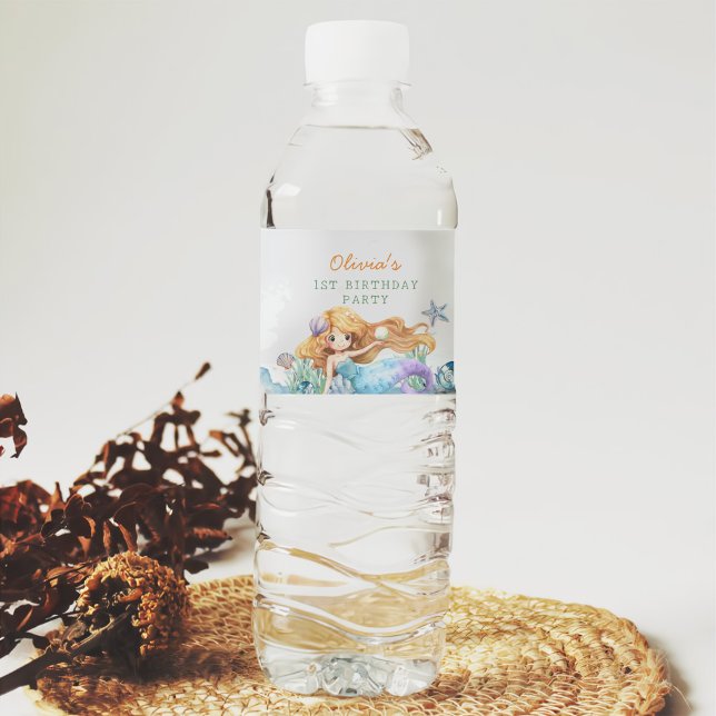 Étiquette Pour Bouteilles D'eau Fille Sirène 1ère fête d'anniversaire (Créateur téléchargé)