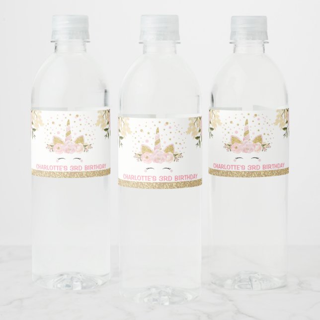 Étiquette Pour Bouteilles D'eau Fille Unicorne rose Floral fête d'anniversaire Fav (Bouteilles)