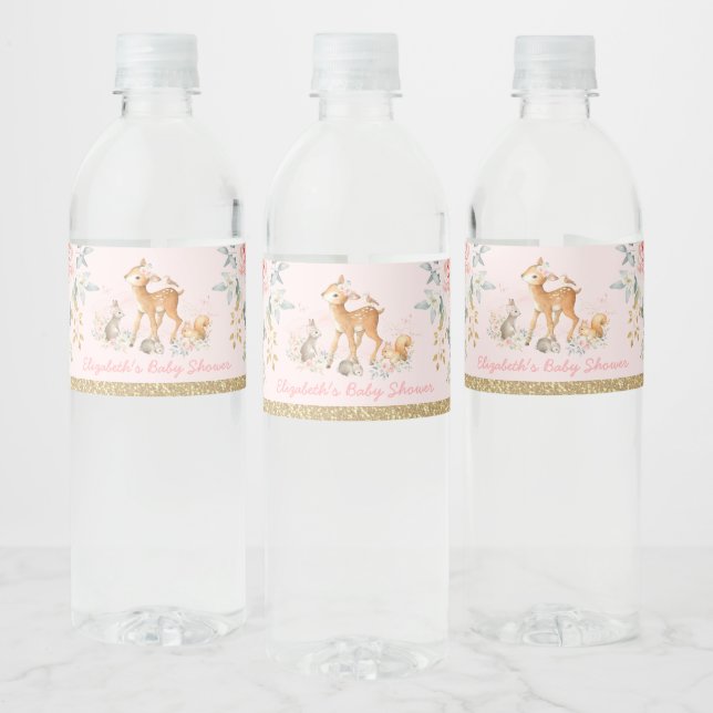 Étiquette Pour Bouteilles D'eau Fille Woodland Blush Baby shower Floral Or Rose (Bouteilles)