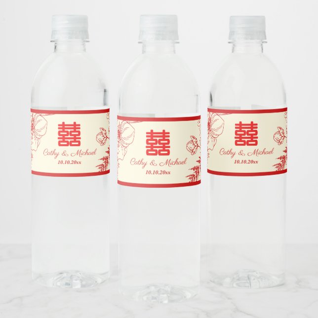 Étiquette Pour Bouteilles D'eau Fleur orientale mariage rouge (Bouteilles)