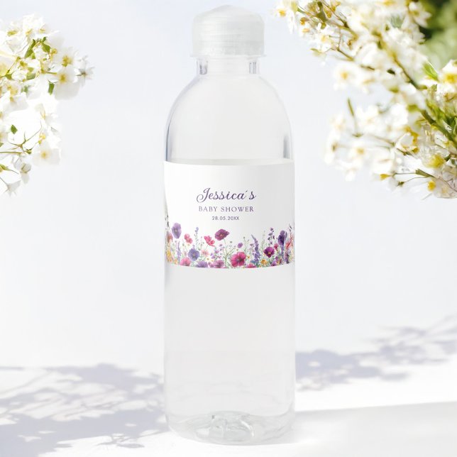 Étiquette Pour Bouteilles D'eau Fleur sauvage, Baby shower à fleurs violettes (Wildflower, White-Purple-Pink-Flower Baby Shower Water Bottle Label with your Name and Date.)