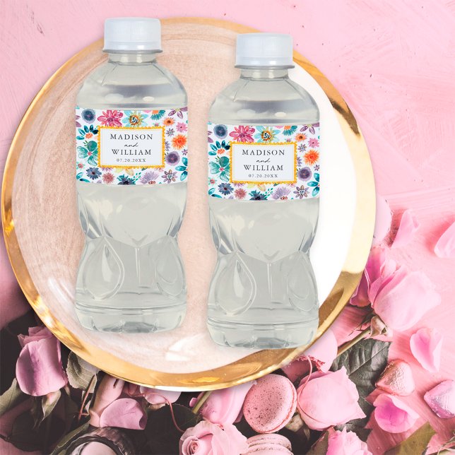 Étiquette Pour Bouteilles D'eau Fleur Sauvage Blanche Dorée Aquarelle Botanique Pr (Créateur téléchargé)