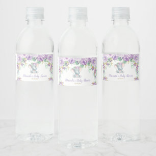 Étiquette Pour Bouteilles D'eau Fleur violette Mignonne Éléphant Baby Shower Bébé