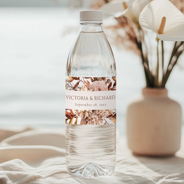 Étiquette Pour Bouteilles D'eau Fleurs de terre cuite Boho Feuillage d'automne (Créateur téléchargé)