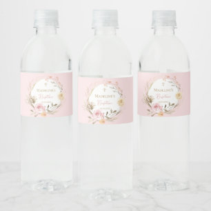 Étiquette Pour Bouteilles D'eau fleurs rose beige aquarelle Baptême