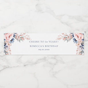 Étiquette Pour Bouteilles D'eau Fleurs rose et bleu, élégant script pour 60e anniv
