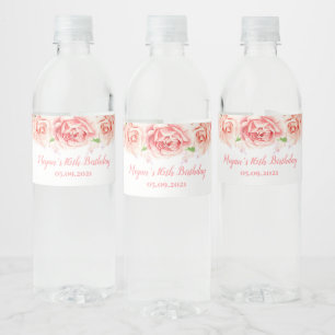 Étiquette Pour Bouteilles D'eau Fleurs roses d'or de la fête du 16e anniversaire