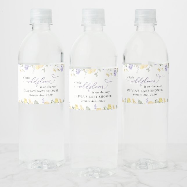 Étiquette Pour Bouteilles D'eau Fleurs violettes, Fleurs Jaunes, Boho, Baby shower (Bouteilles)