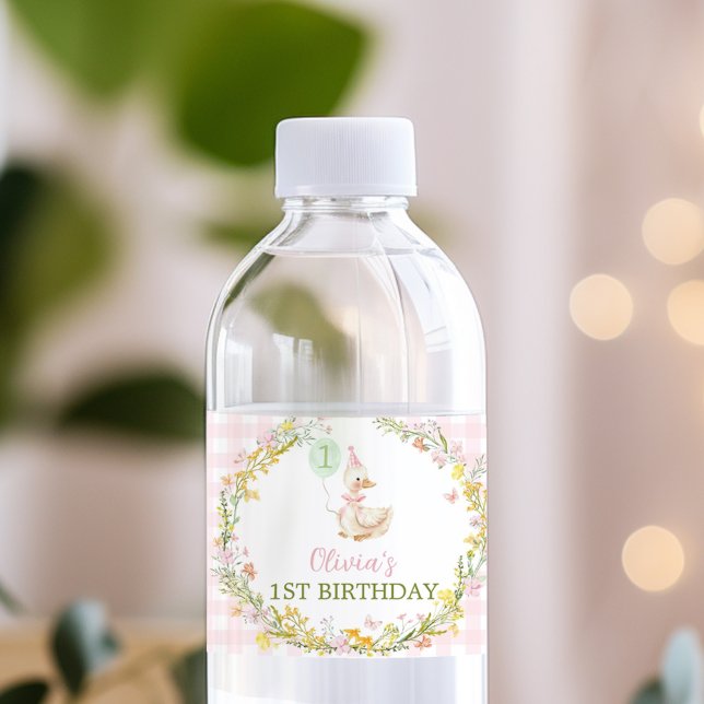 Étiquette Pour Bouteilles D'eau Floral Silly Goose Pink Girl Birthday (Créateur téléchargé)