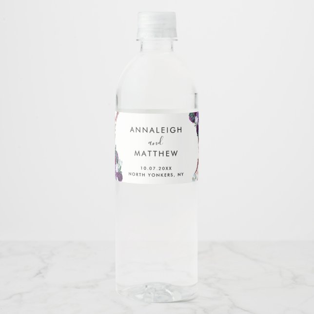 Étiquette Pour Bouteilles D'eau Floral violet Botanique Mariage invités (Devant)