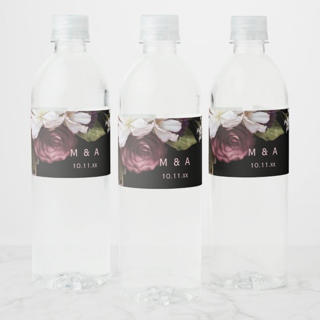 Étiquette Pour Bouteilles D'eau Flores de Bourgogne et rose pâle sur Mariage noir (Bouteilles)