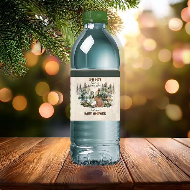 Étiquette Pour Bouteilles D'eau Forêt rustique boisée Oh Baby shower ours garçon (Rustic Woodland Bear and Forest Animals Baby Shower Water Bottle Labels -- "Oh Boy" Collection)