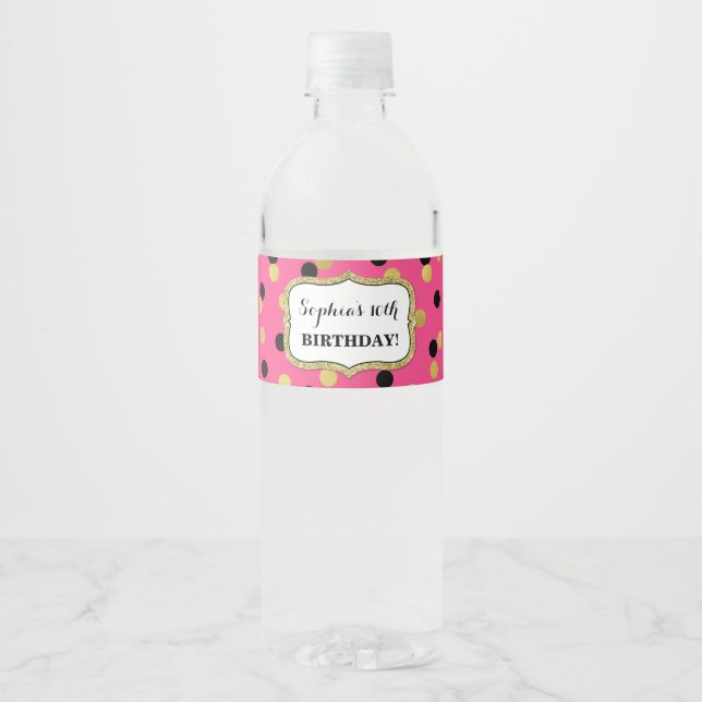 Étiquette Pour Bouteilles D'eau Fuchsia Black Gold Confetti Personnalisé Anniversa (Devant)