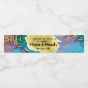 Étiquette Pour Bouteilles D'eau Geode faux or bleu agate aquarelle paon chic