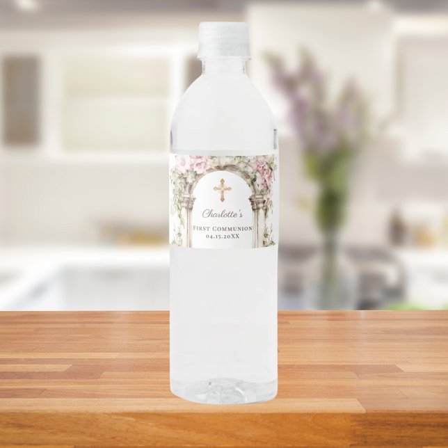 Étiquette Pour Bouteilles D'eau Girl First Communion Pink Florals Arch Cross (Créateur téléchargé)