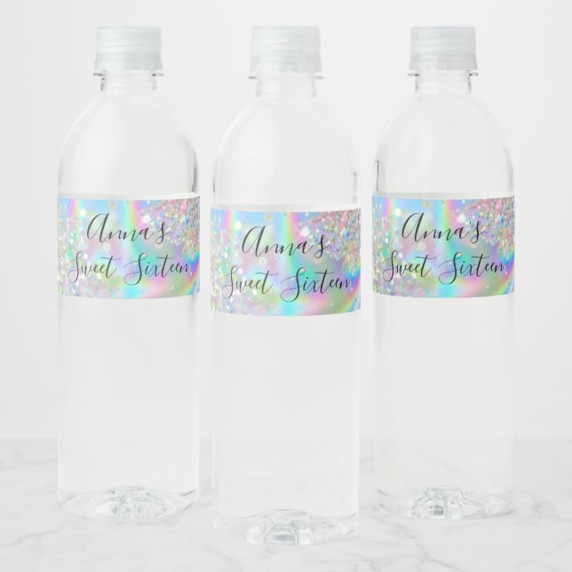 Étiquette Pour Bouteilles D'eau Glam Faux Holographique Rainbow Sweet 16 (Bouteilles)