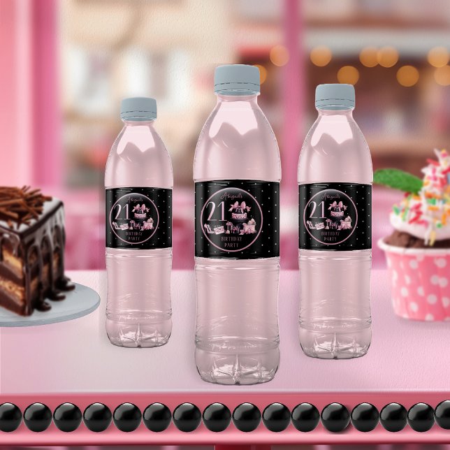 Étiquette Pour Bouteilles D'eau Glam Pink Black Fashion 21ème anniversaire (Glam Pink and Black French Couture Fashion 21st Birthday Party Water Bottle Labels)