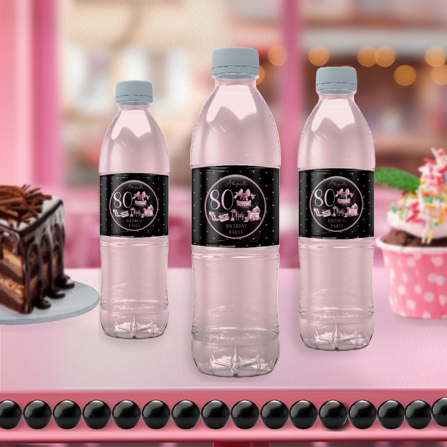Étiquette Pour Bouteilles D'eau Glam Pink Black Fashion 80th Birthday Party (Glam Pink and Black French Couture Fashion 80th Birthday Party Water Bottle Labels)