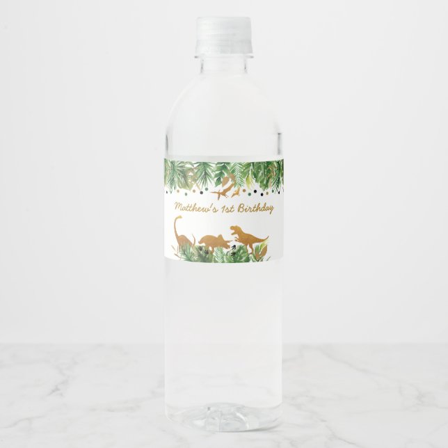 Étiquette Pour Bouteilles D'eau Gold Dinosaur Safari Anniversaire (Devant)