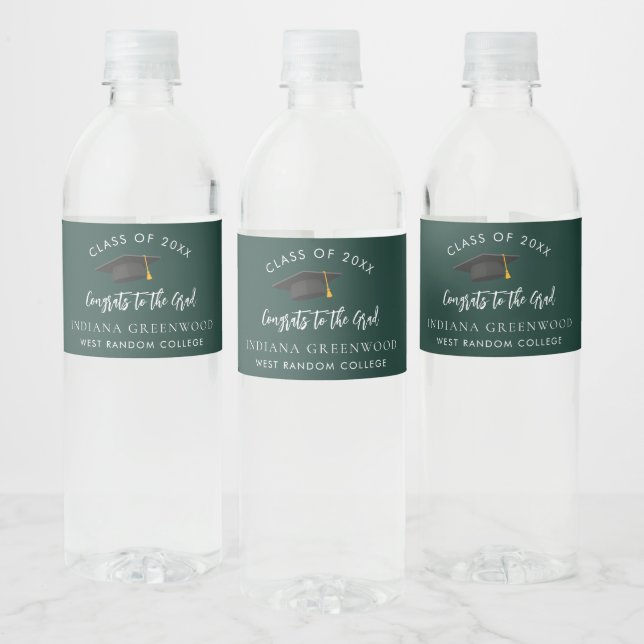 Étiquette Pour Bouteilles D'eau Graduation 2025 Script Vert et blanc Moderne (Bouteilles)