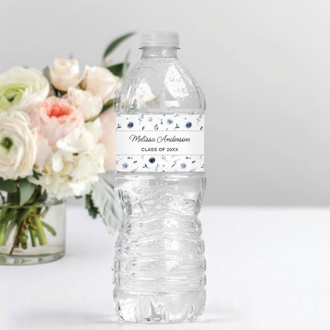 Étiquette Pour Bouteilles D'eau Graduation de la Marine Blue Flowers (Créateur téléchargé)