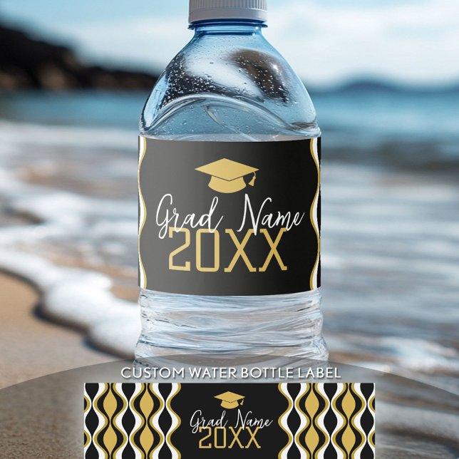 Étiquette Pour Bouteilles D'eau Graduation moderne avec Motif et nom funky (Graduation Water Bottle Label)