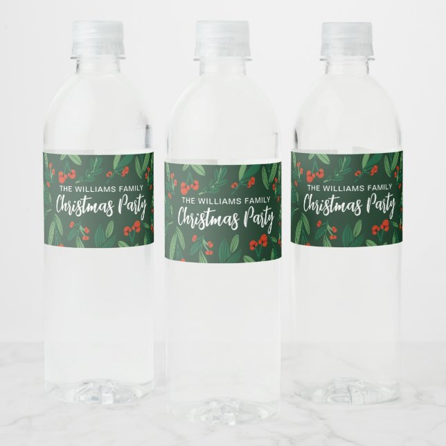 Étiquette Pour Bouteilles D'eau Green Christmas Party Holly Berry Personalized  (Bouteilles)