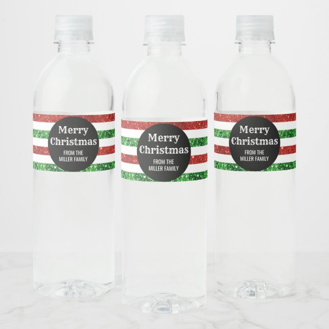 Étiquette Pour Bouteilles D'eau Green Red Stripes Custom Joyeux Noël (Bouteilles)