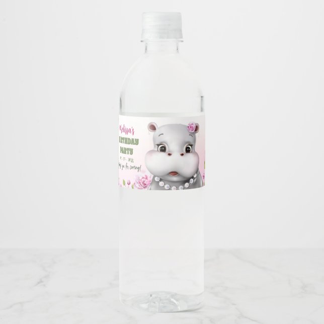 Étiquette Pour Bouteilles D'eau Hippo rose florale fille anniversaire (Devant)