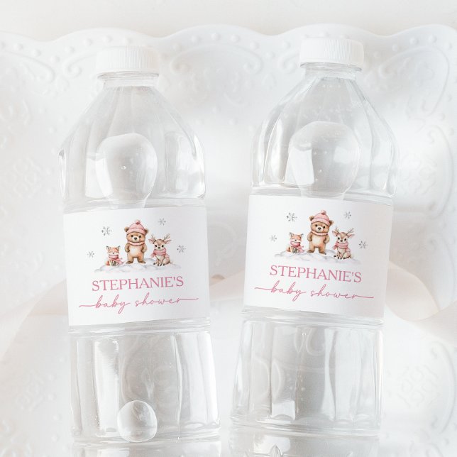 Étiquette Pour Bouteilles D'eau Hiver Bois Animaux Baby shower Étiquette d'eau (Créateur téléchargé)