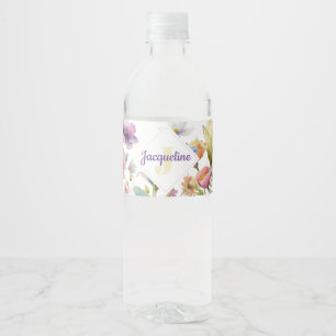 Étiquette Pour Bouteilles D'eau Illustration de fleur sauvage colorée monogramme