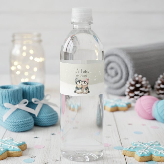 Étiquette Pour Bouteilles D'eau Its Twins Winter penguin Baby Shower theme  (Créateur téléchargé)