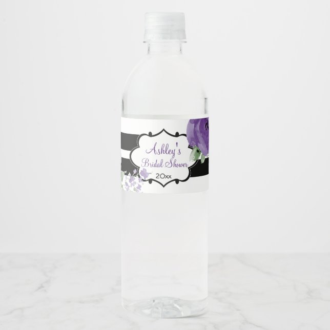 Étiquette Pour Bouteilles D'eau Joli violet Roses et rayures (Devant)