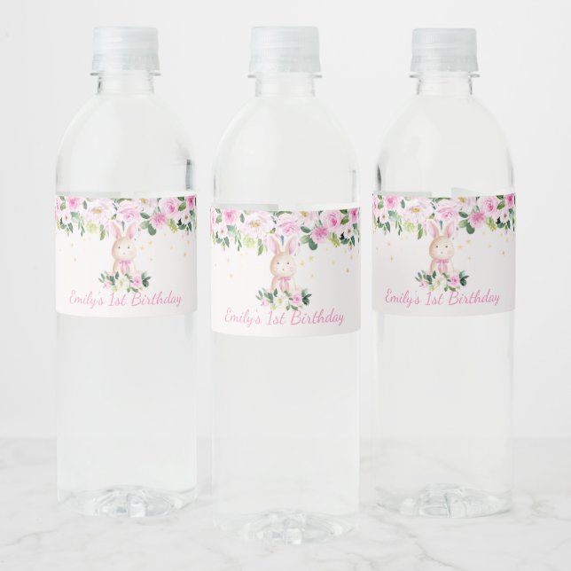 Étiquette Pour Bouteilles D'eau Jolie fille rose et lapin d'or lapin Anniversaire  (Bouteilles)