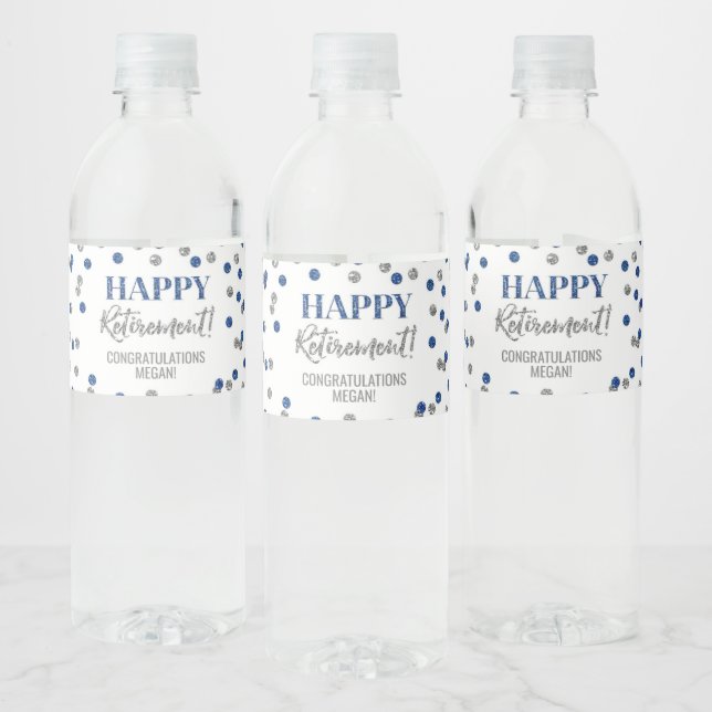 Étiquette Pour Bouteilles D'eau Joyeuse Retraite Bleu Argent Confettis (Bouteilles)