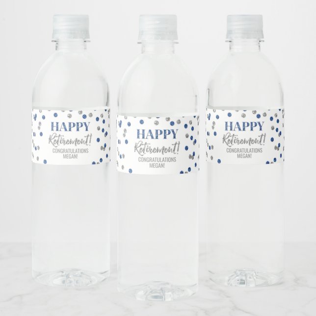 Étiquette Pour Bouteilles D'eau Joyeuse Retraite Bleu Argent Confettis (Bouteilles)