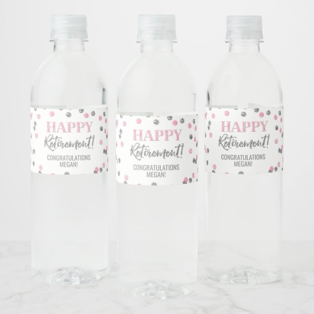 Étiquette Pour Bouteilles D'eau Joyeuse retraite confettis rose et argent (Bouteilles)