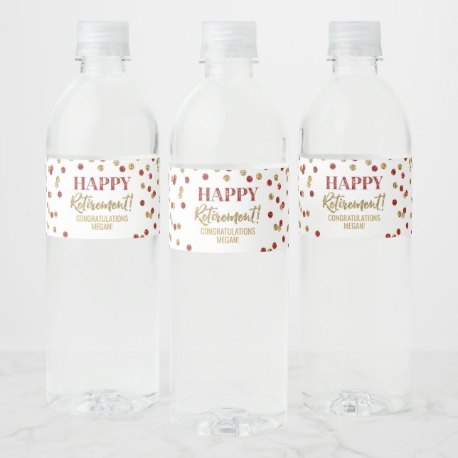 Étiquette Pour Bouteilles D'eau Joyeuse Retraite Confettis Rouge Or (Bouteilles)
