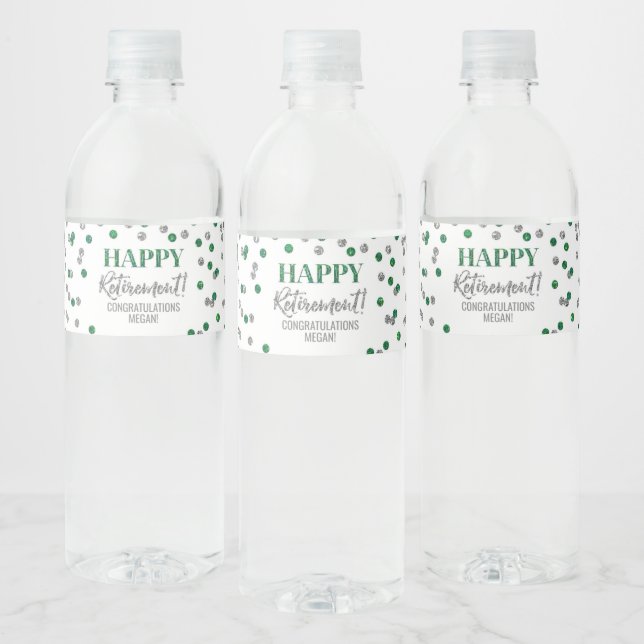 Étiquette Pour Bouteilles D'eau Joyeuse Retraite Vert Confetti Argenté (Bouteilles)