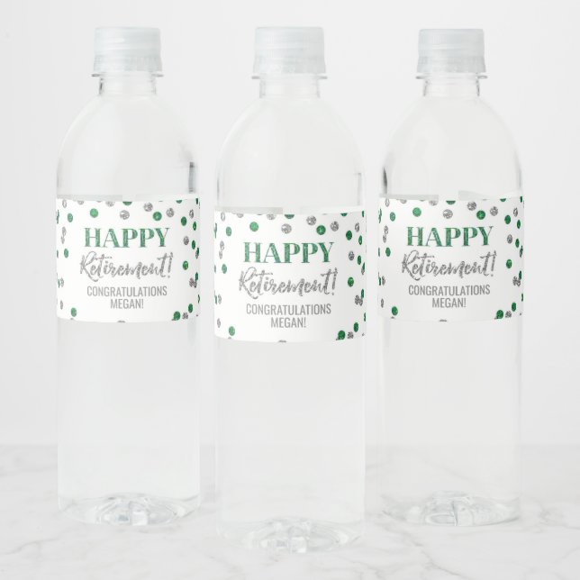 Étiquette Pour Bouteilles D'eau Joyeuse Retraite Vert Confetti Argenté (Bouteilles)