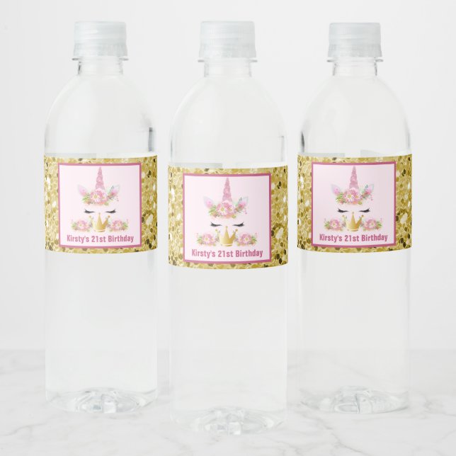 Étiquette Pour Bouteilles D'eau Joyeux Anniversaire Licorne Rose Pailletée Or (Bouteilles)