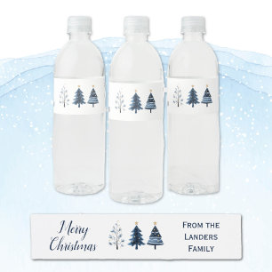 Étiquette Pour Bouteilles D'eau Joyeux arbres de Noël personnalisés bleu et or