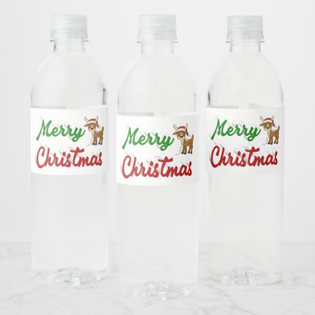Étiquette Pour Bouteilles D'eau Joyeux Noël Reindeer rouge vert script (Bouteilles)