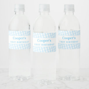 Étiquette Pour Bouteilles D'eau KIDS PARTY vintage en vichy motif garçon bleu pâle